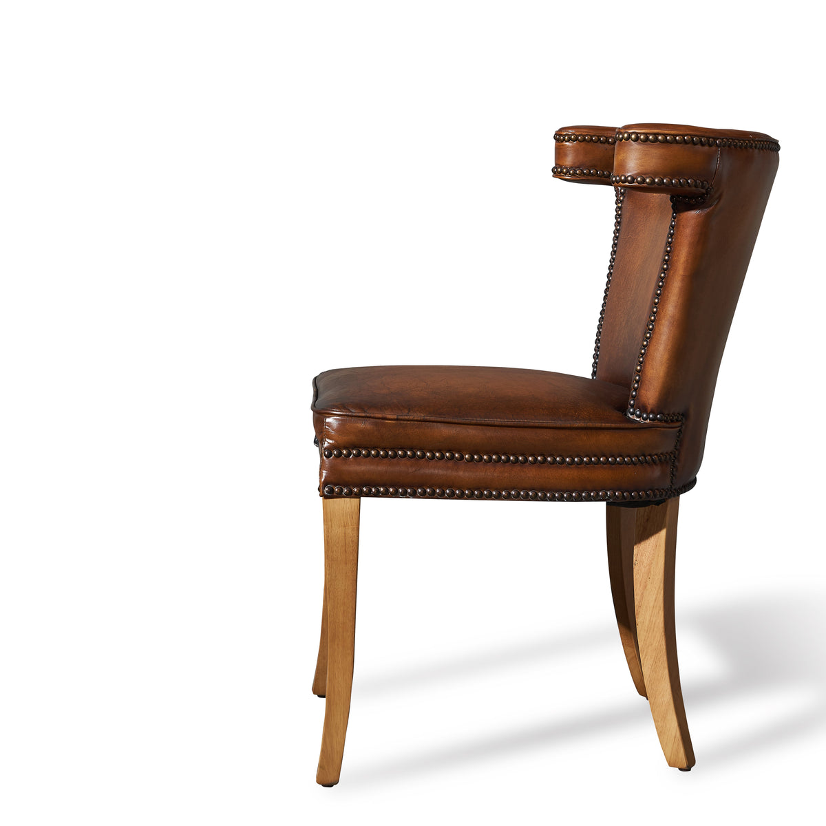 Luca Curved-Back Top-Grain Leather Side Chair in Classic Brown, Mango Wood, studio photo 3 of 4 on a white background