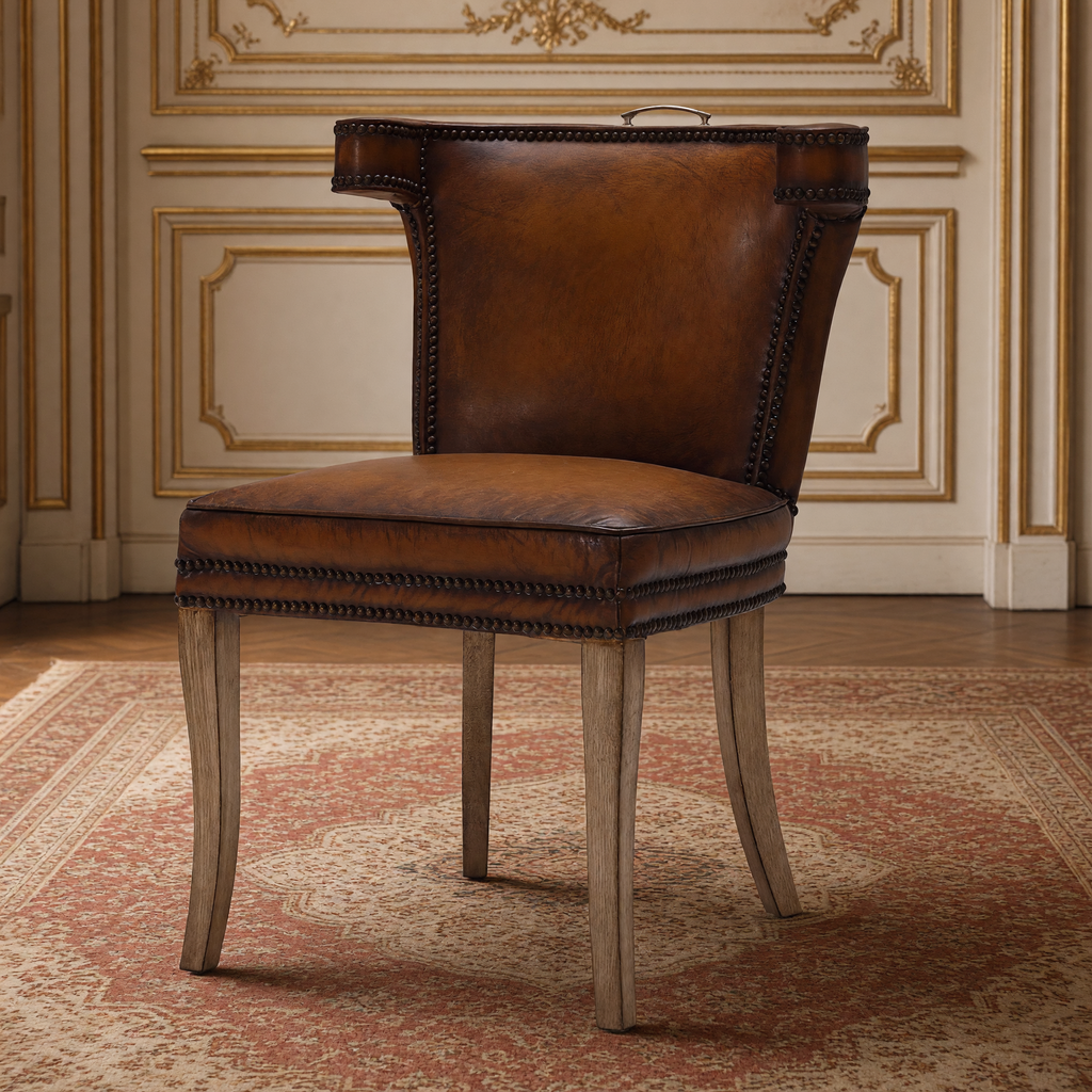 Luca Curved-Back Top-Grain Leather Side Chair in Classic Brown, Solid Wood, front three-quarter view in a French salon on an antique Persian carpet