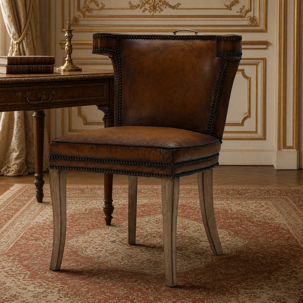 Closer view of the brown leather and brass nailhead trim of the Luca Curved-Back Top-Grain Leather Side Chair in Classic Brown, Solid Wood