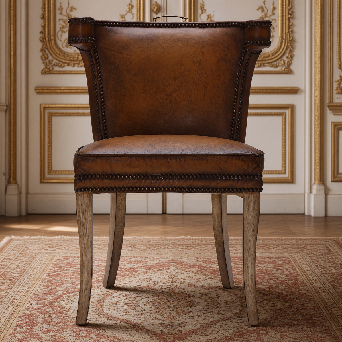 Luca Curved-Back Top-Grain Leather Side Chair in Classic Brown, Solid Wood, front view in a French salon on a Persian carpet