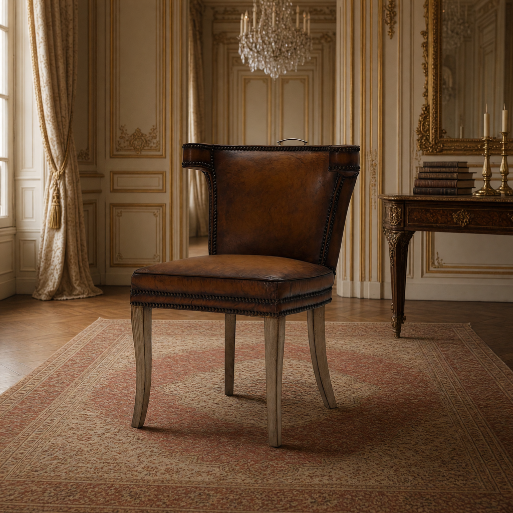 Luca Curved-Back Top-Grain Leather Side Chair in Classic Brown, Solid Wood, styled in a French salon with a library table and gilded mirror