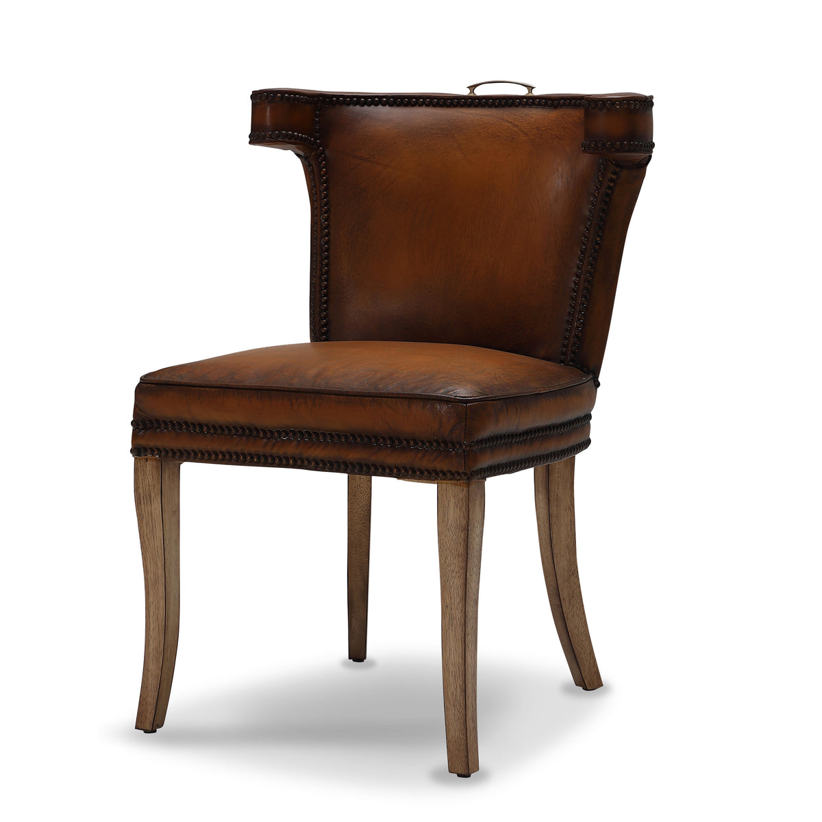 Luca Curved-Back Top-Grain Leather Side Chair in Classic Brown, Solid Wood, studio photo 1 of 5 on a white background