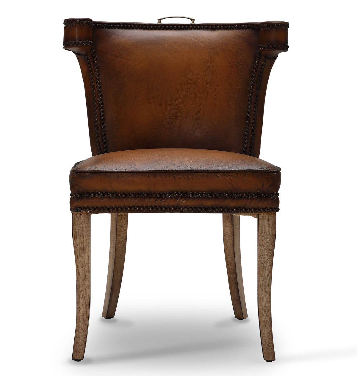 Luca Curved-Back Top-Grain Leather Side Chair in Classic Brown, Solid Wood, studio photo 2 of 5 on a white background