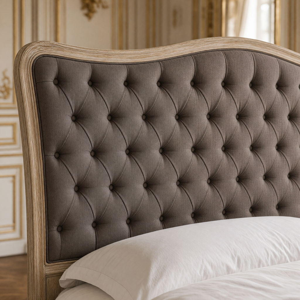 Close view of the diamond tufting and arched oak frame of the Maison headboard in King, Aubergine Linen