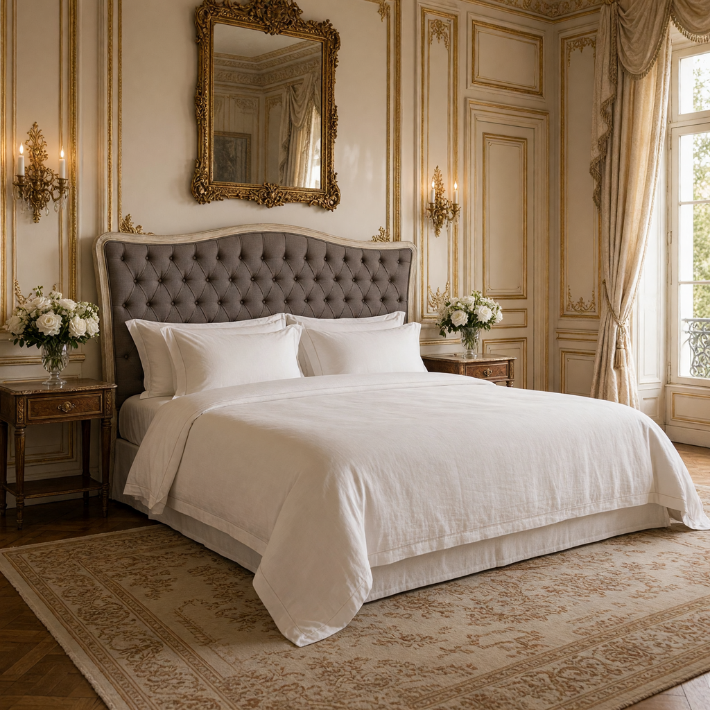 Maison tufted headboard in King, Aubergine Linen on a made bed with white linens in a Louis XVI bedroom