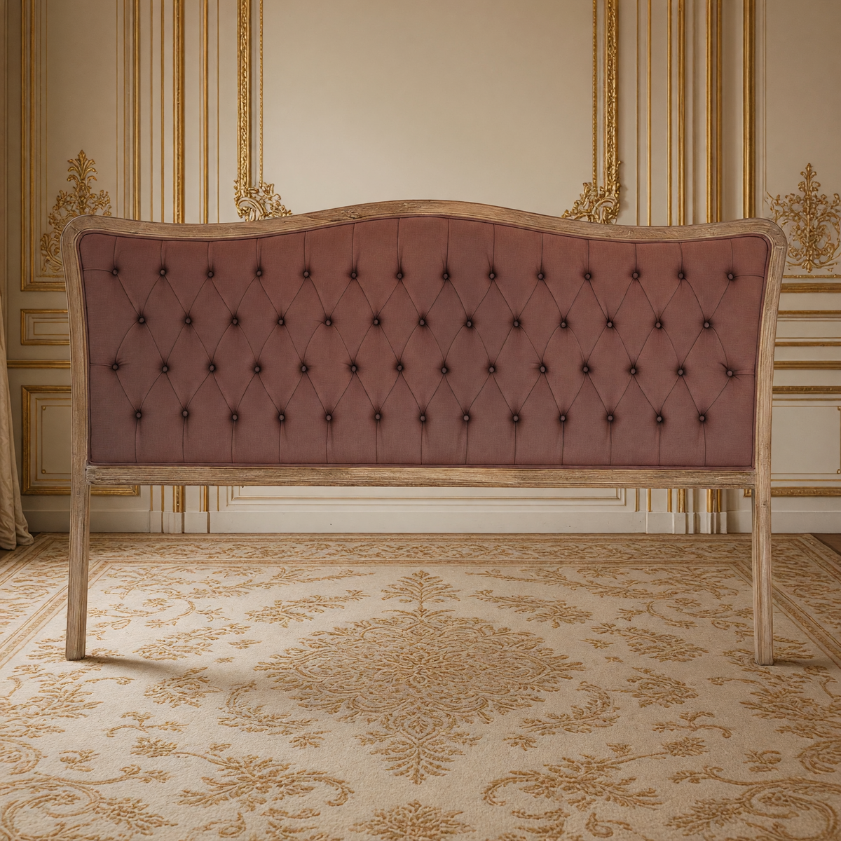 Maison king tufted headboard in warm sienna linen on limed grey oak against a French boiserie wall, on an antique Aubusson carpet