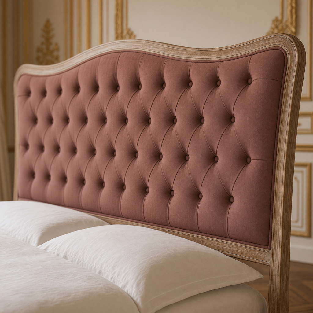 Close view of the diamond tufting and arched oak frame of the Maison headboard in King, Warm Sienna Linen