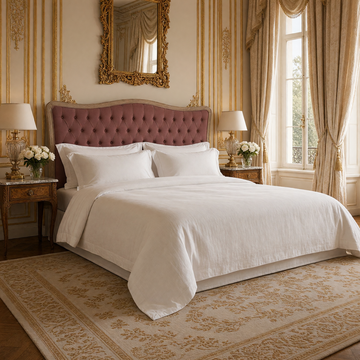 Maison tufted headboard in King, Warm Sienna Linen on a made bed with white linens in a Louis XVI bedroom