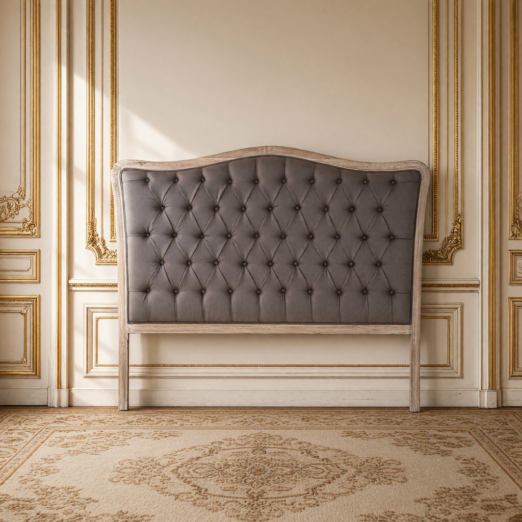 Maison queen tufted headboard in aubergine linen on limed grey oak against a French boiserie wall, on an antique Aubusson carpet