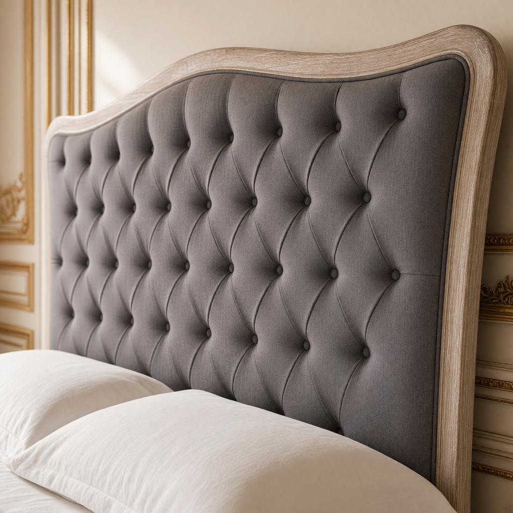 Close view of the diamond tufting and arched oak frame of the Maison headboard in Queen, Aubergine Linen