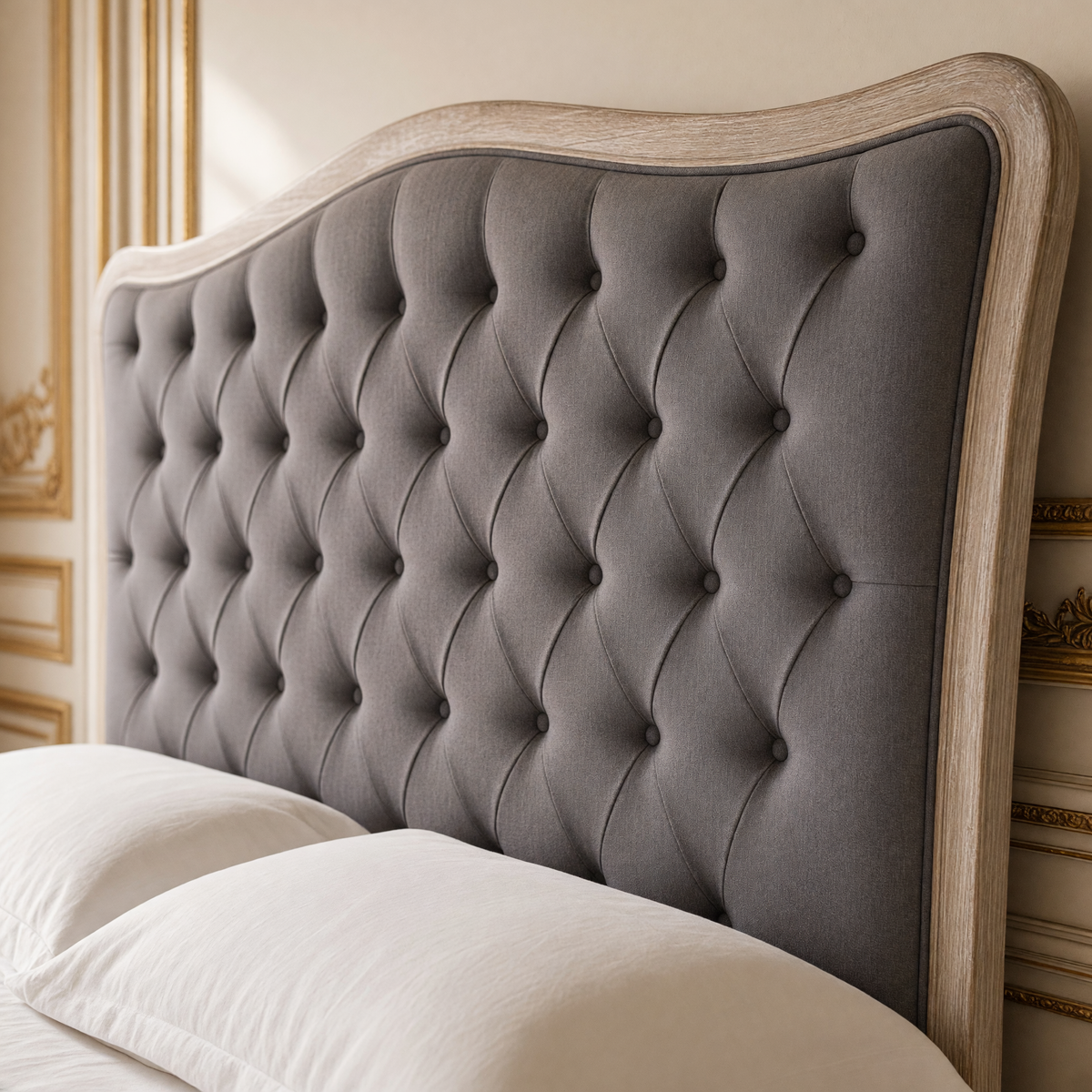 Close view of the diamond tufting and arched oak frame of the Maison headboard in Queen, Aubergine Linen