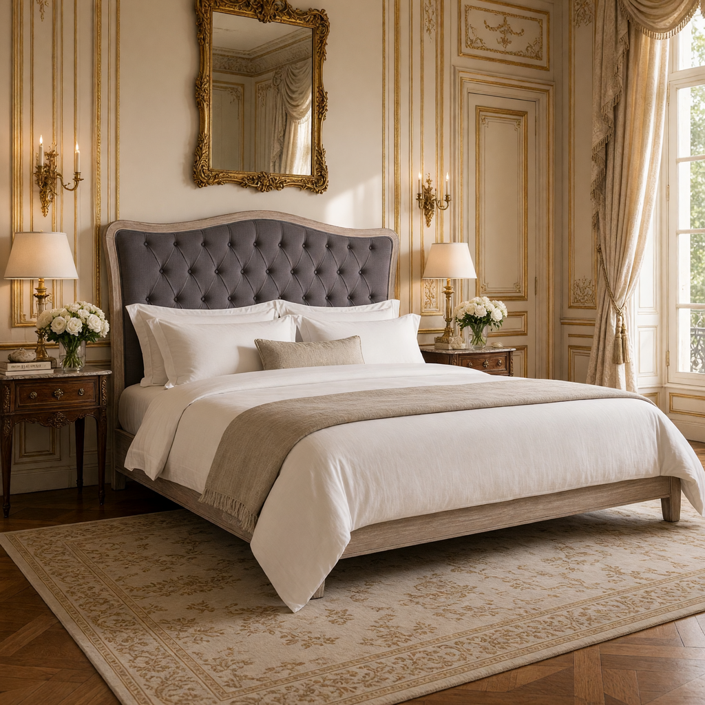 Maison tufted headboard in Queen, Aubergine Linen on a made bed with white linens in a Louis XVI bedroom