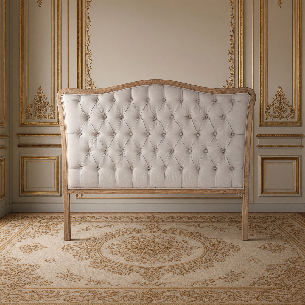 Maison queen tufted headboard in natural linen on natural oak against a French boiserie wall, on an antique Aubusson carpet