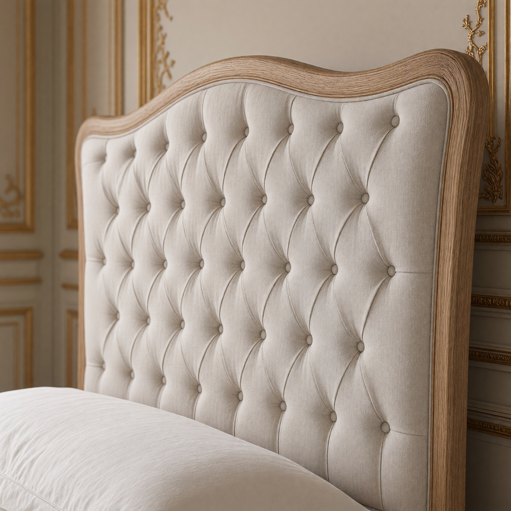 Close view of the diamond tufting and arched oak frame of the Maison headboard in Queen, Natural Linen