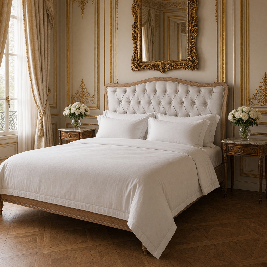 Maison tufted headboard in Queen, Natural Linen on a made bed with white linens in a Louis XVI bedroom