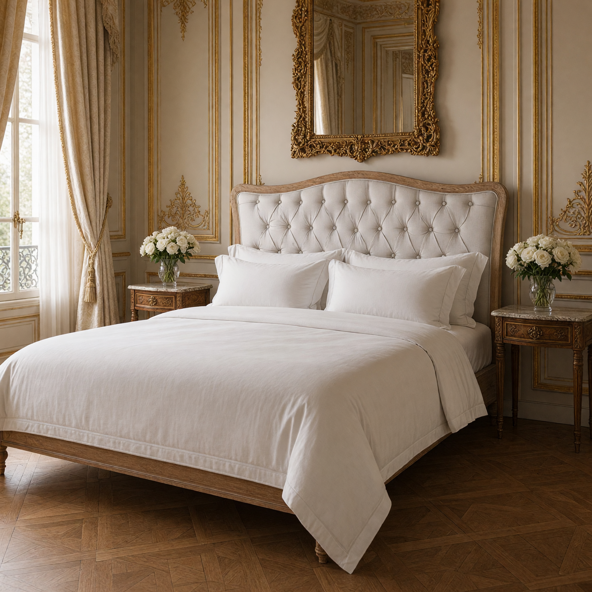 Maison tufted headboard in Queen, Natural Linen on a made bed with white linens in a Louis XVI bedroom