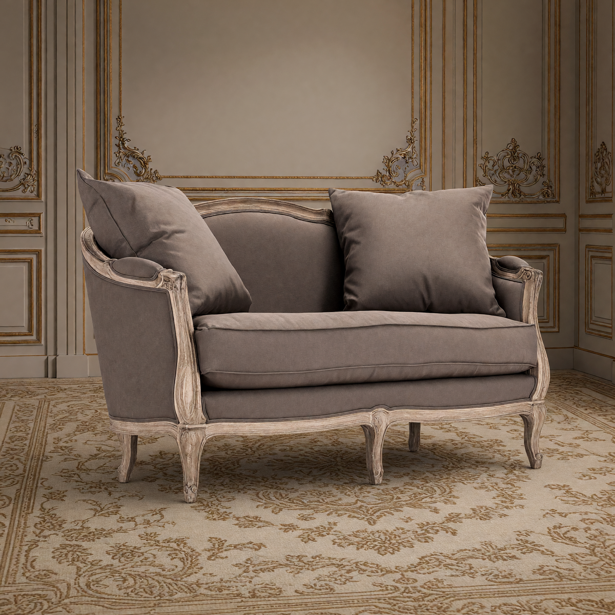 Maison French linen settee in aubergine linen on a limed grey oak frame, on an antique Aubusson carpet in a greige and gold salon