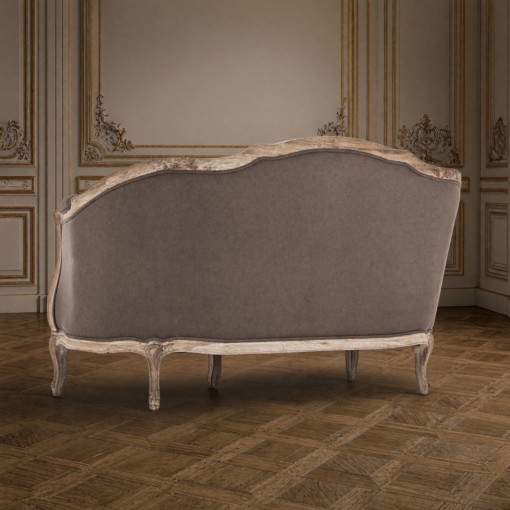 Back view of the Maison settee in aubergine linen