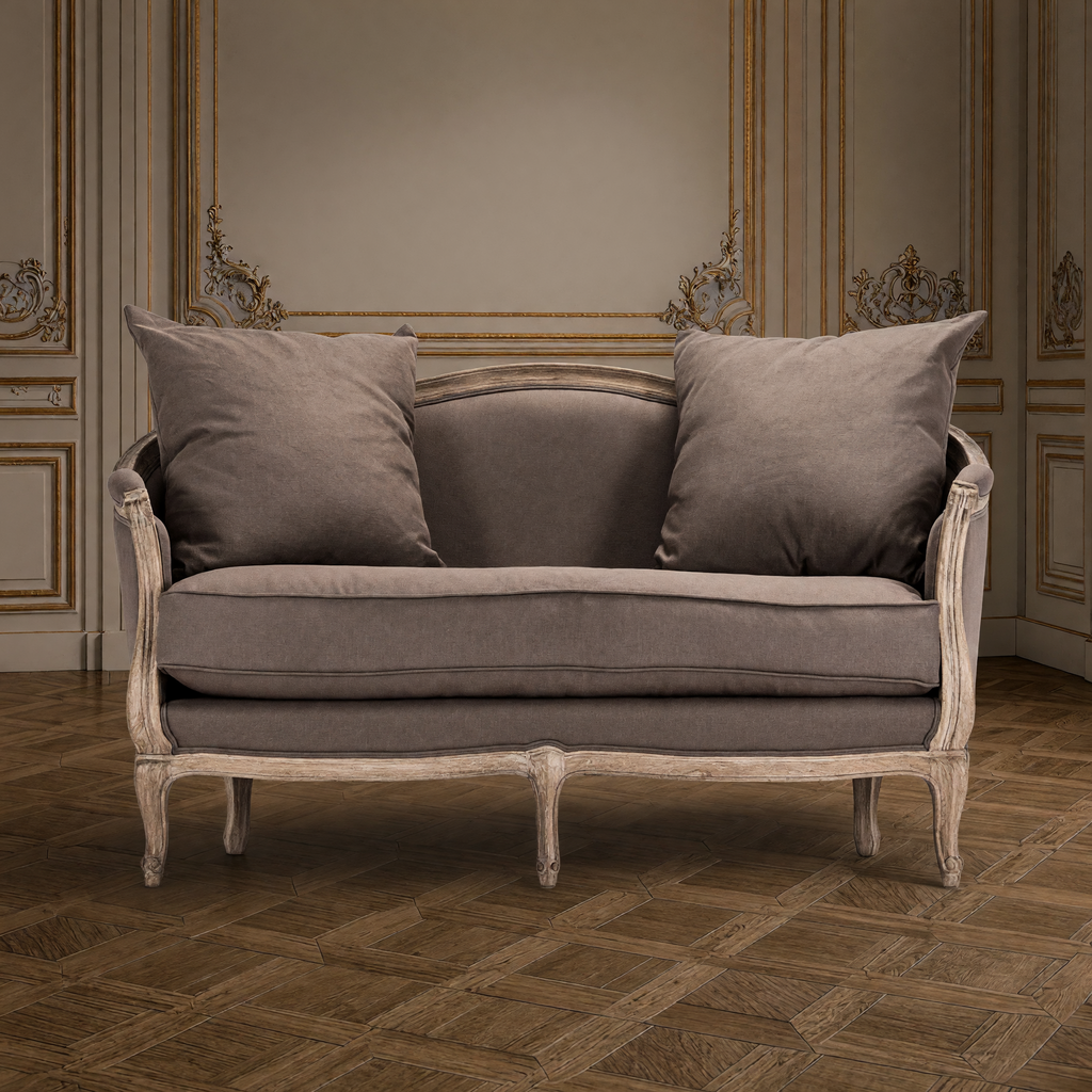 Front view of the Maison settee in aubergine linen