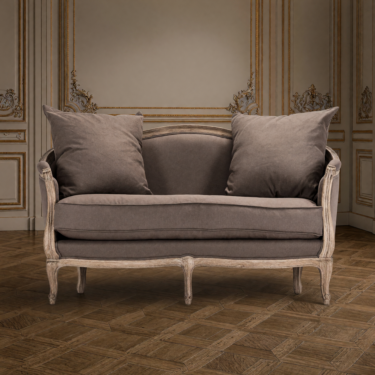 Front view of the Maison settee in aubergine linen