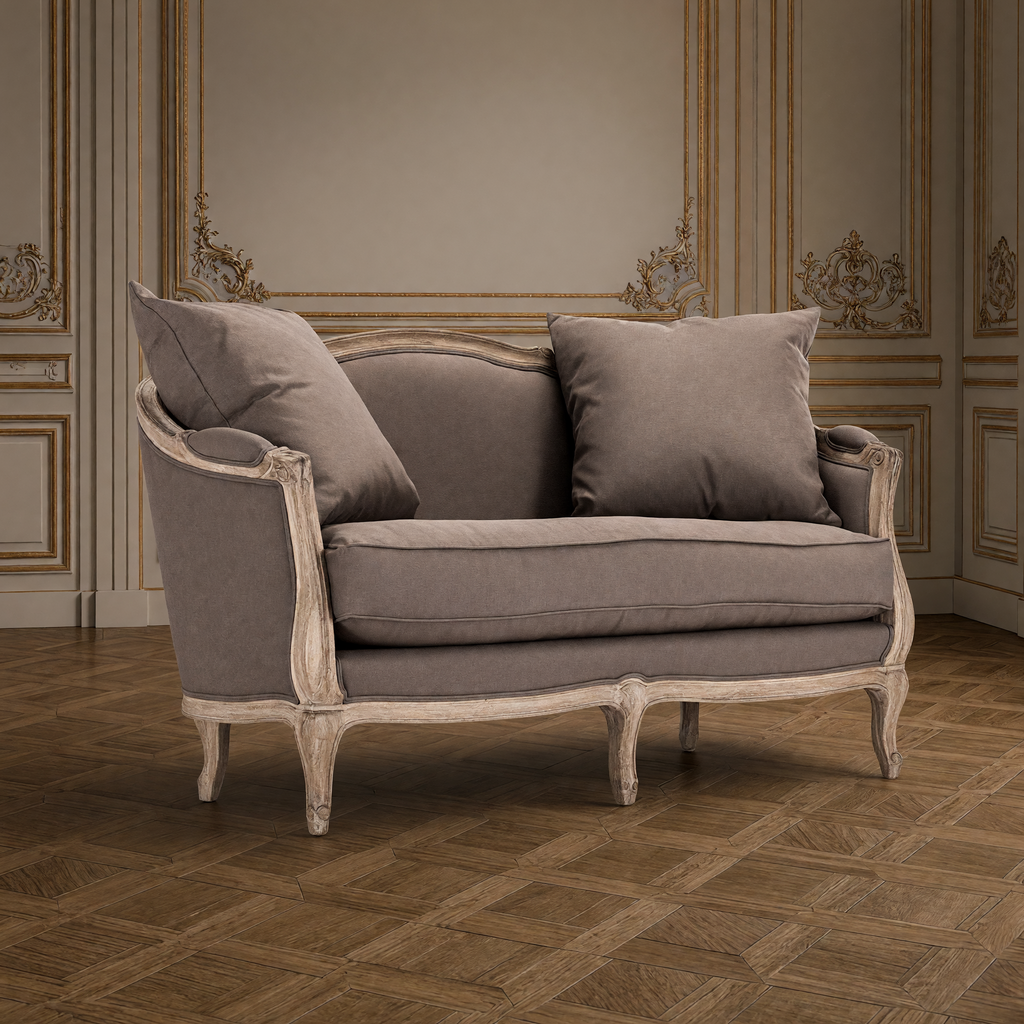 Maison French linen settee in aubergine linen on a limed grey oak frame in a greige and gold salon