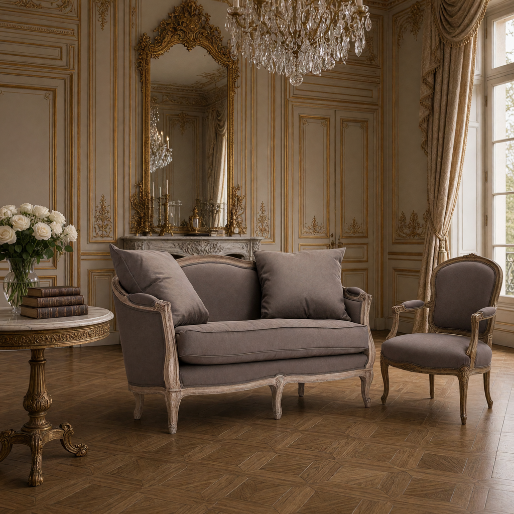 Maison settee in aubergine linen styled in a French salon with a bergere chair and a gilded mirror