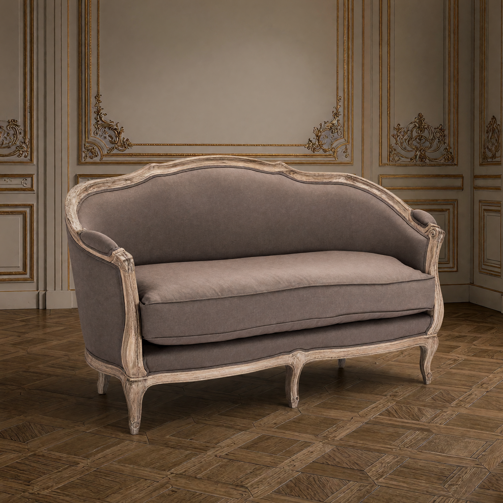 Three-quarter view of the Maison settee in aubergine linen without pillows