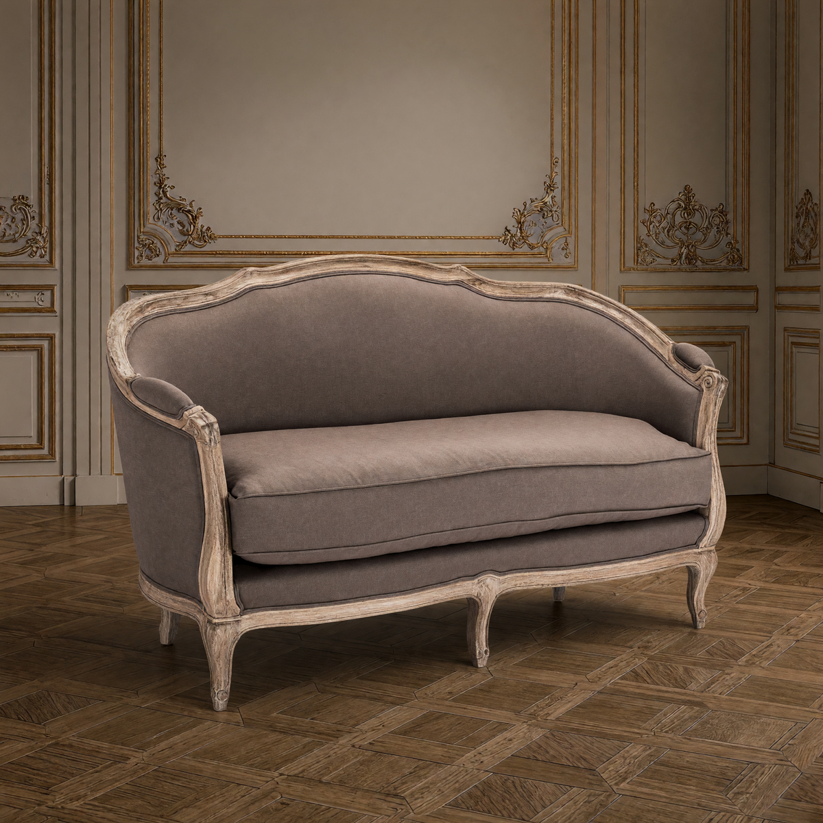 Three-quarter view of the Maison settee in aubergine linen without pillows