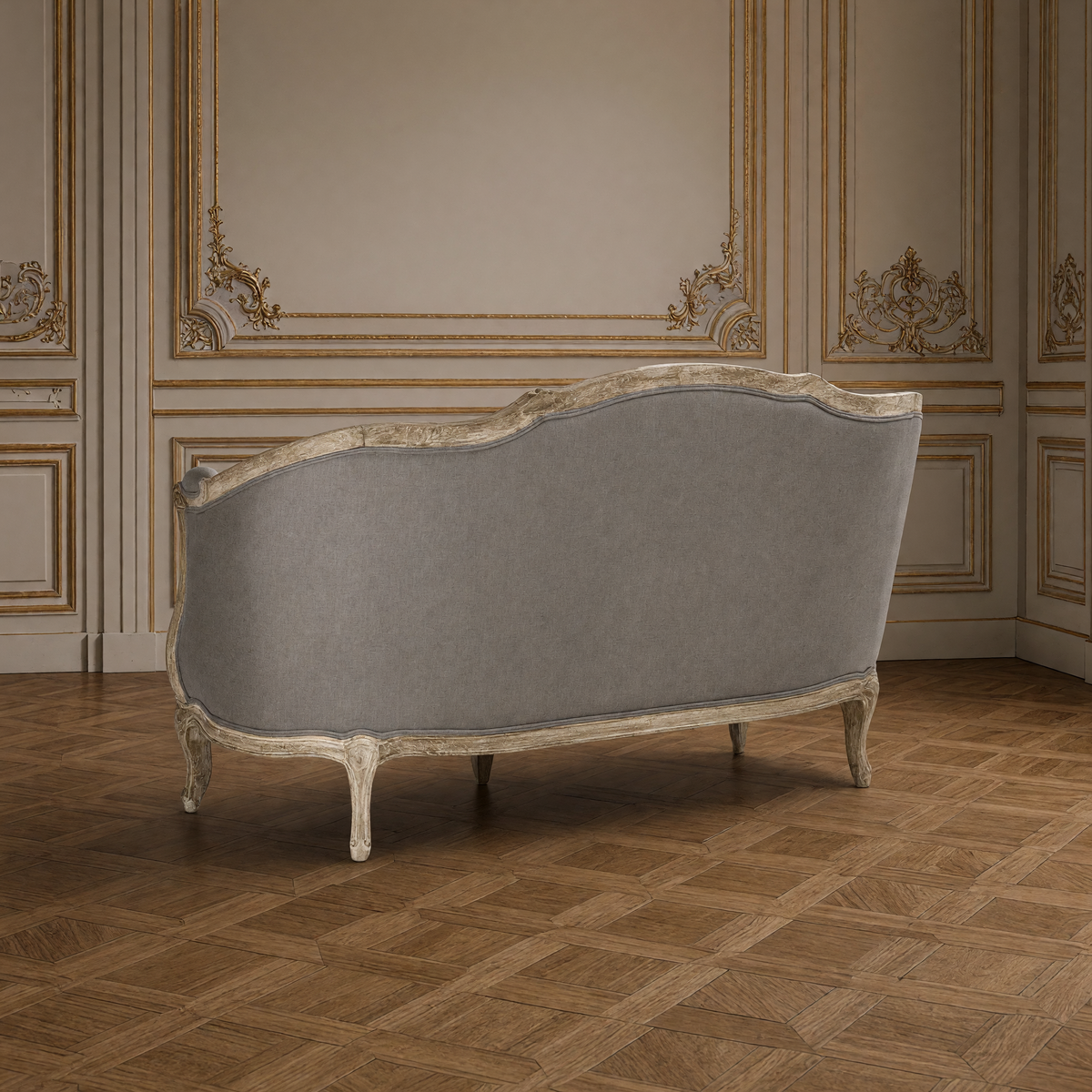 Back view of the Maison settee in weathered grey linen