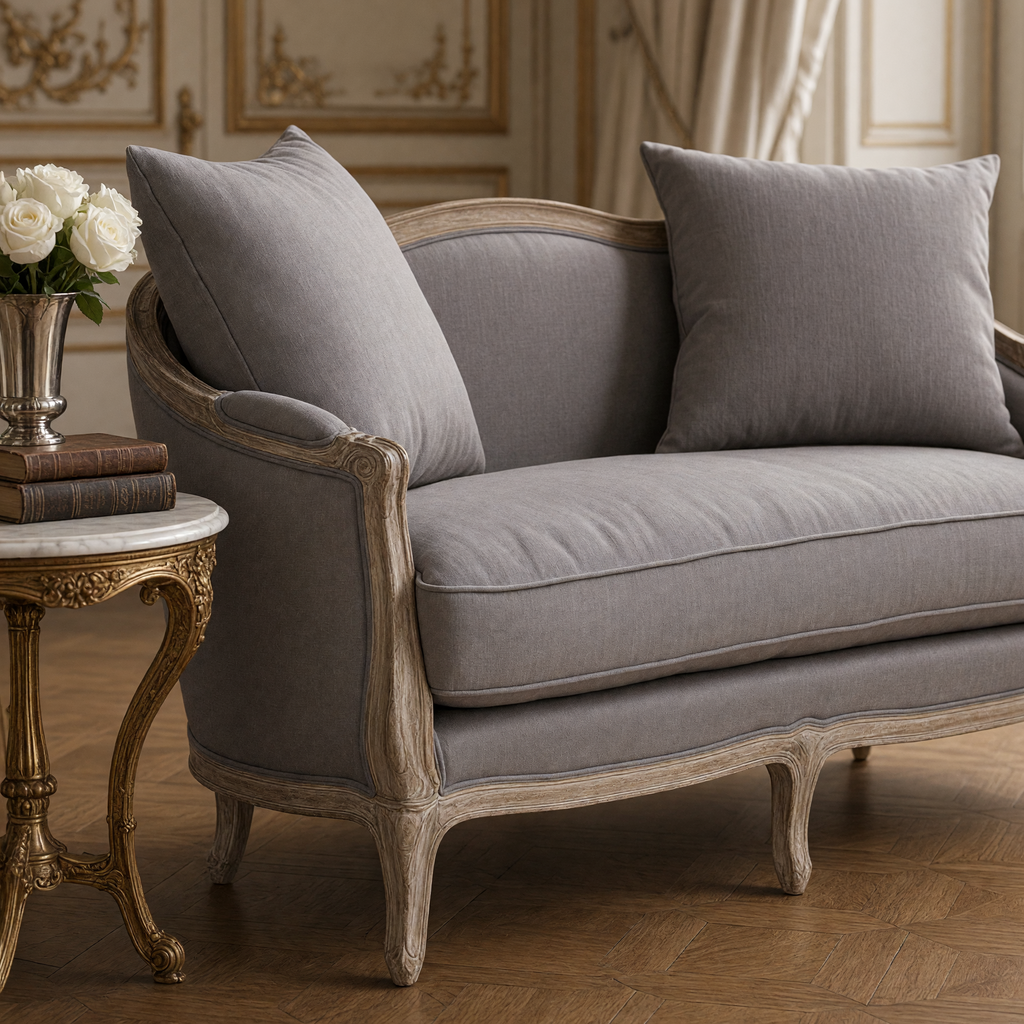 Close view of the grey linen and carved limed oak arm of the Maison settee