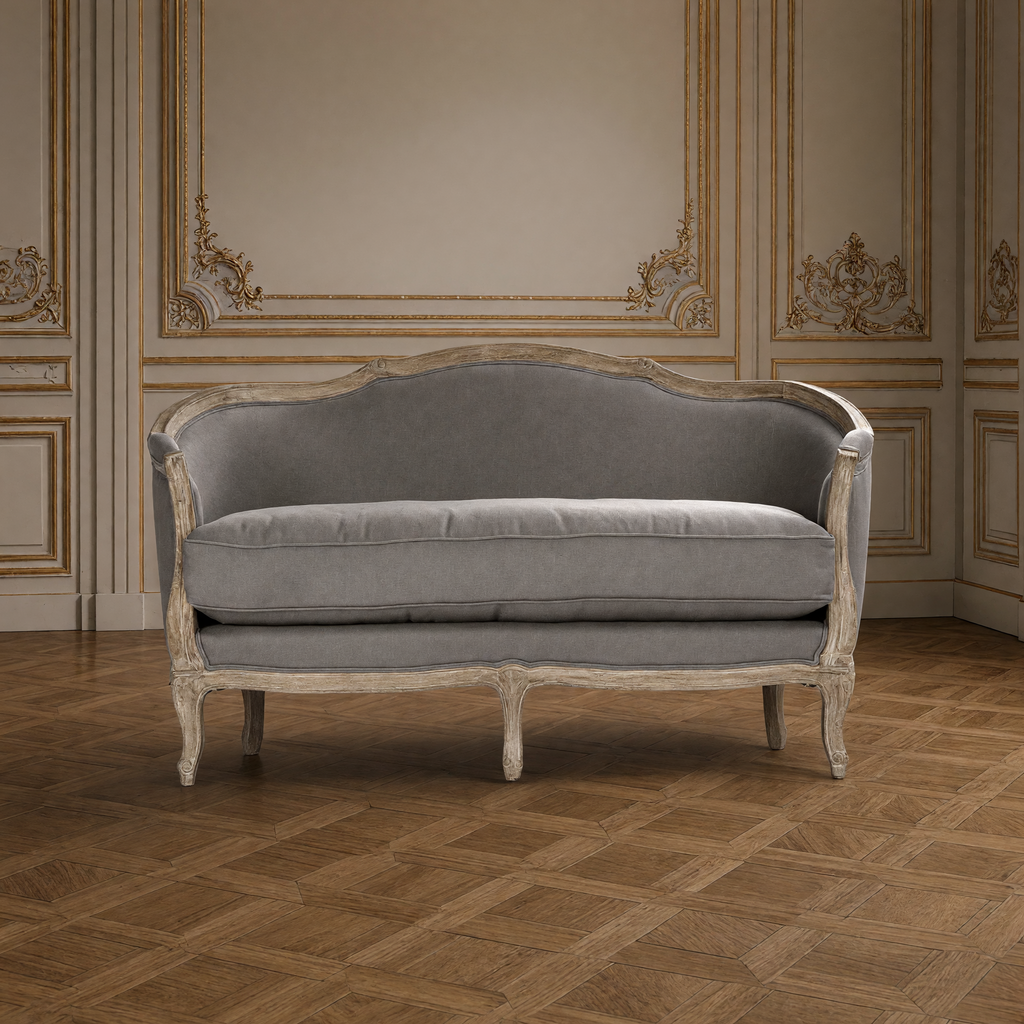 Front view of the Maison settee in weathered grey linen