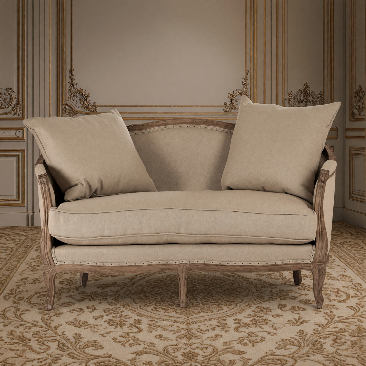 Maison French linen settee in hemp linen on a limed grey oak frame, on an antique Aubusson carpet in a greige and gold salon