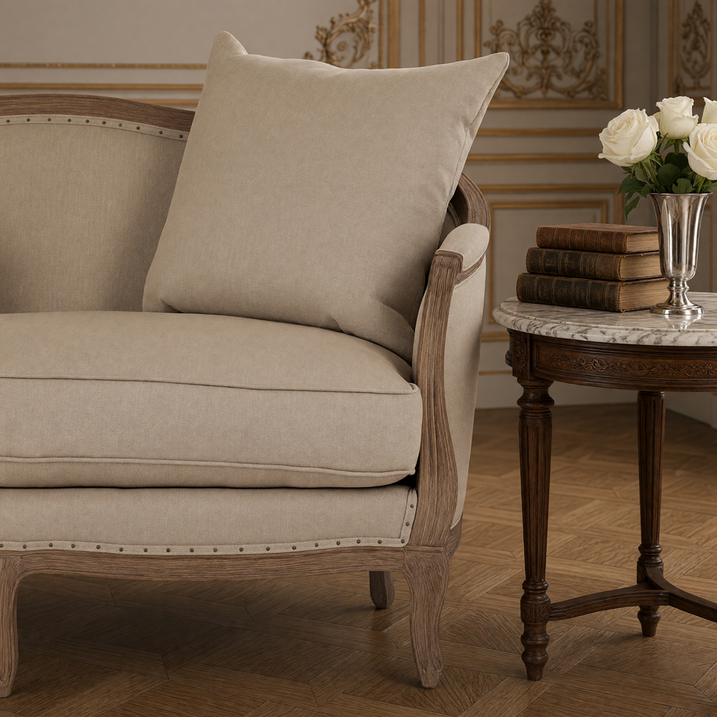 Close view of the hemp linen and carved limed oak arm of the Maison settee