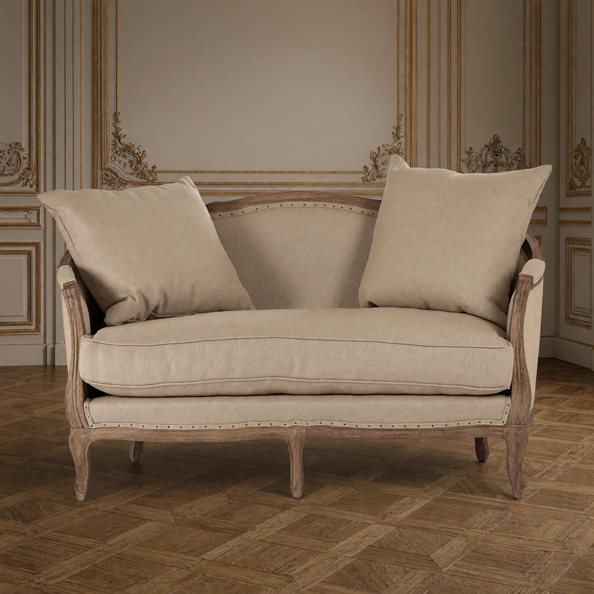 Maison French linen settee in hemp linen on a limed grey oak frame in a greige and gold salon