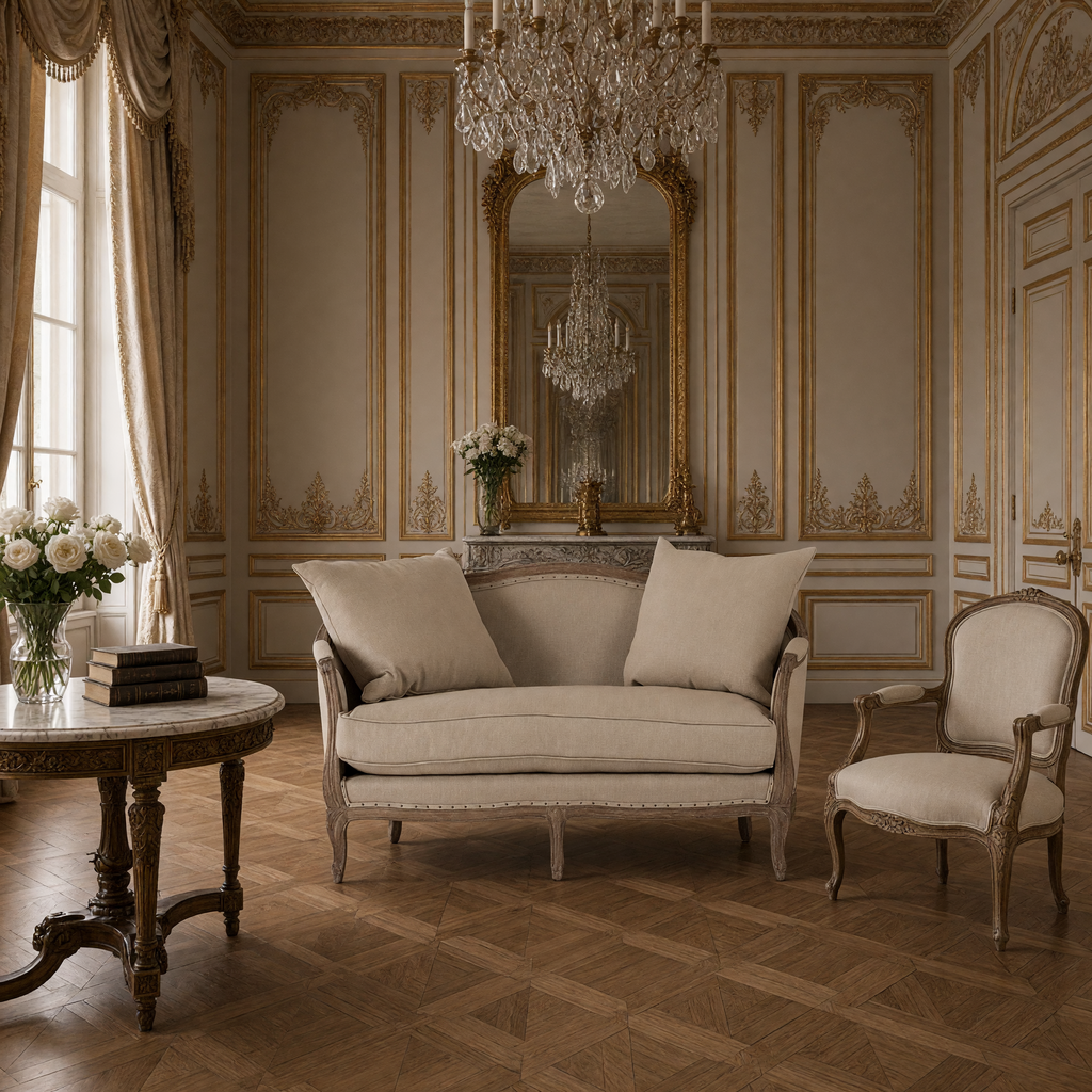 Maison settee in hemp linen styled in a French salon with a bergere chair and a gilded mirror