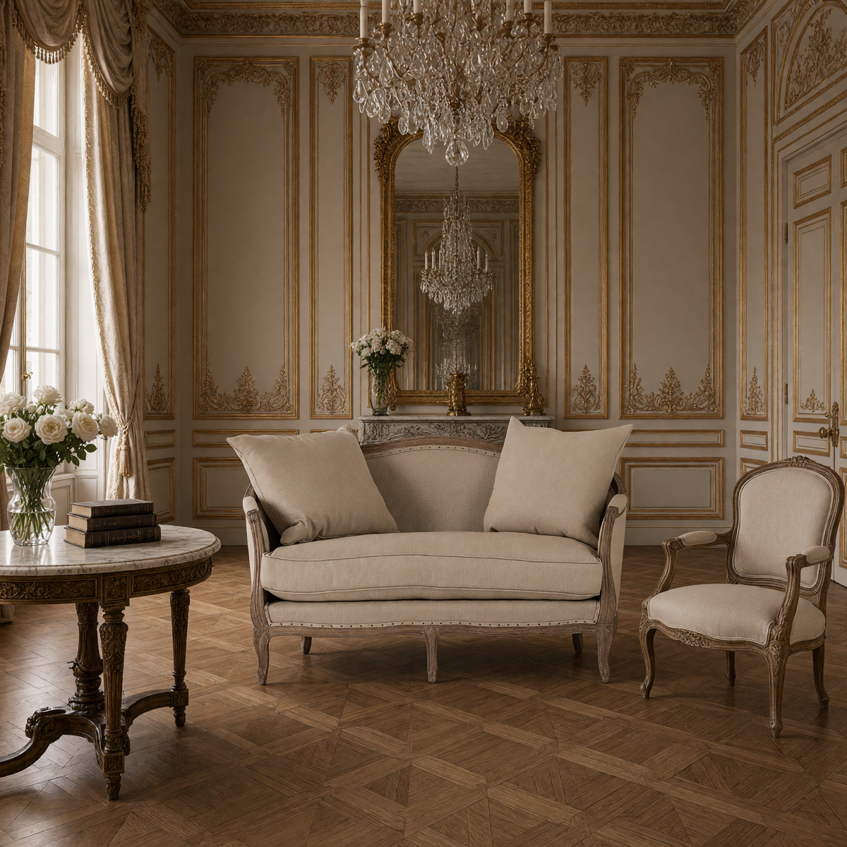 Maison settee in hemp linen styled in a French salon with a bergere chair and a gilded mirror