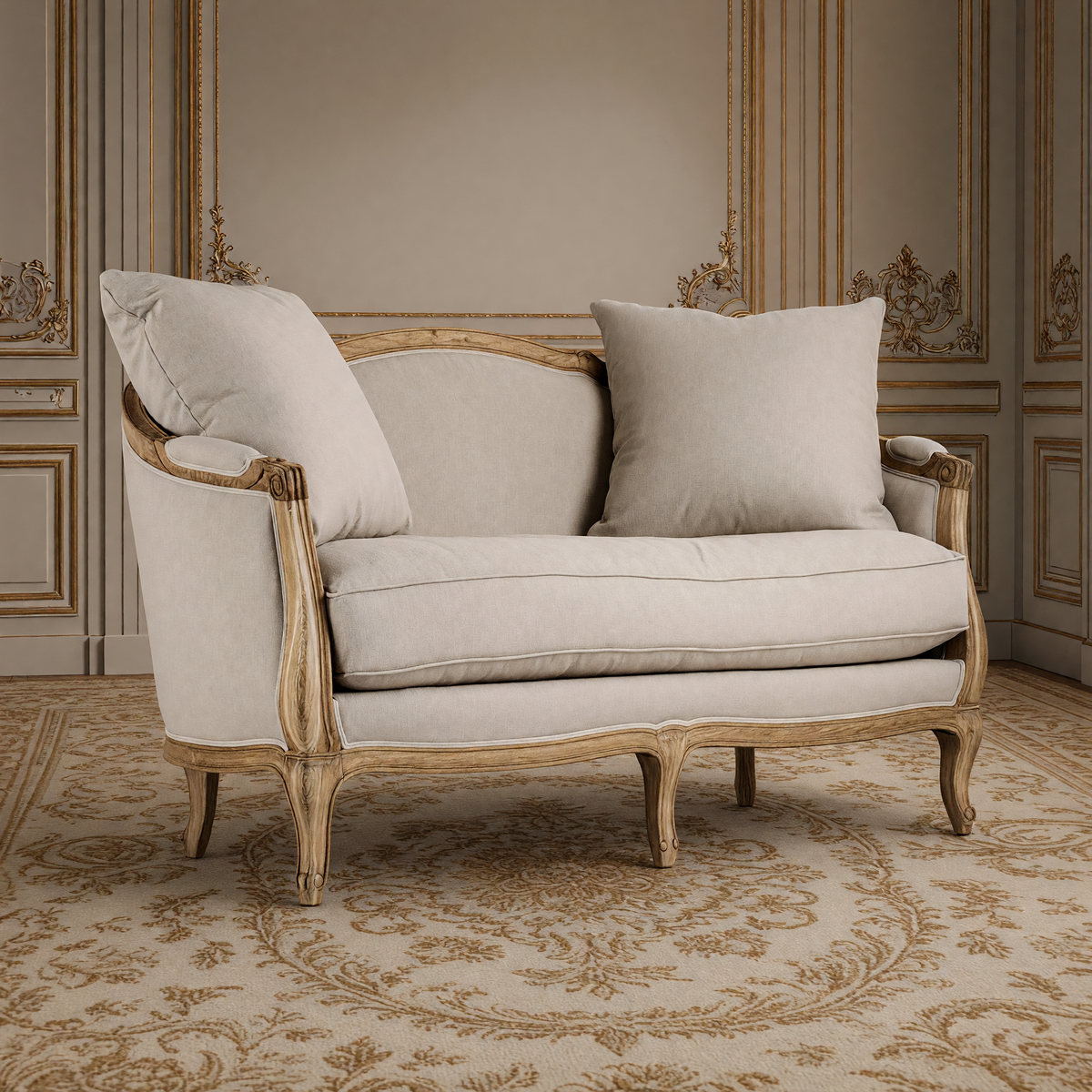 Maison French linen settee in natural linen on a natural oak frame, on an antique Aubusson carpet in a greige and gold salon