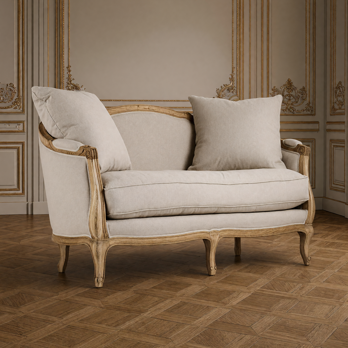 Maison settee in natural linen on a natural oak frame in a greige and gold salon