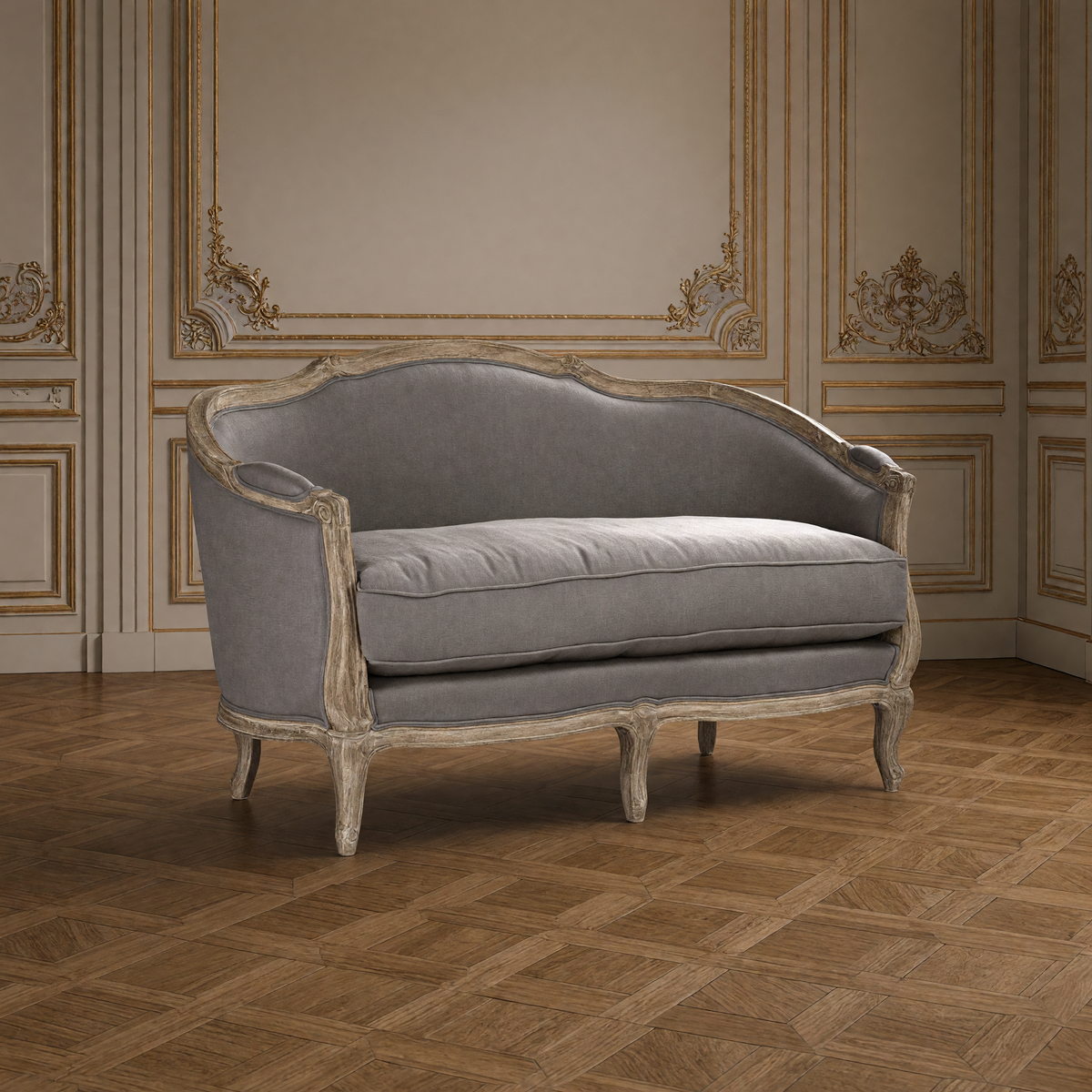 Three-quarter view of the Maison settee in weathered grey linen