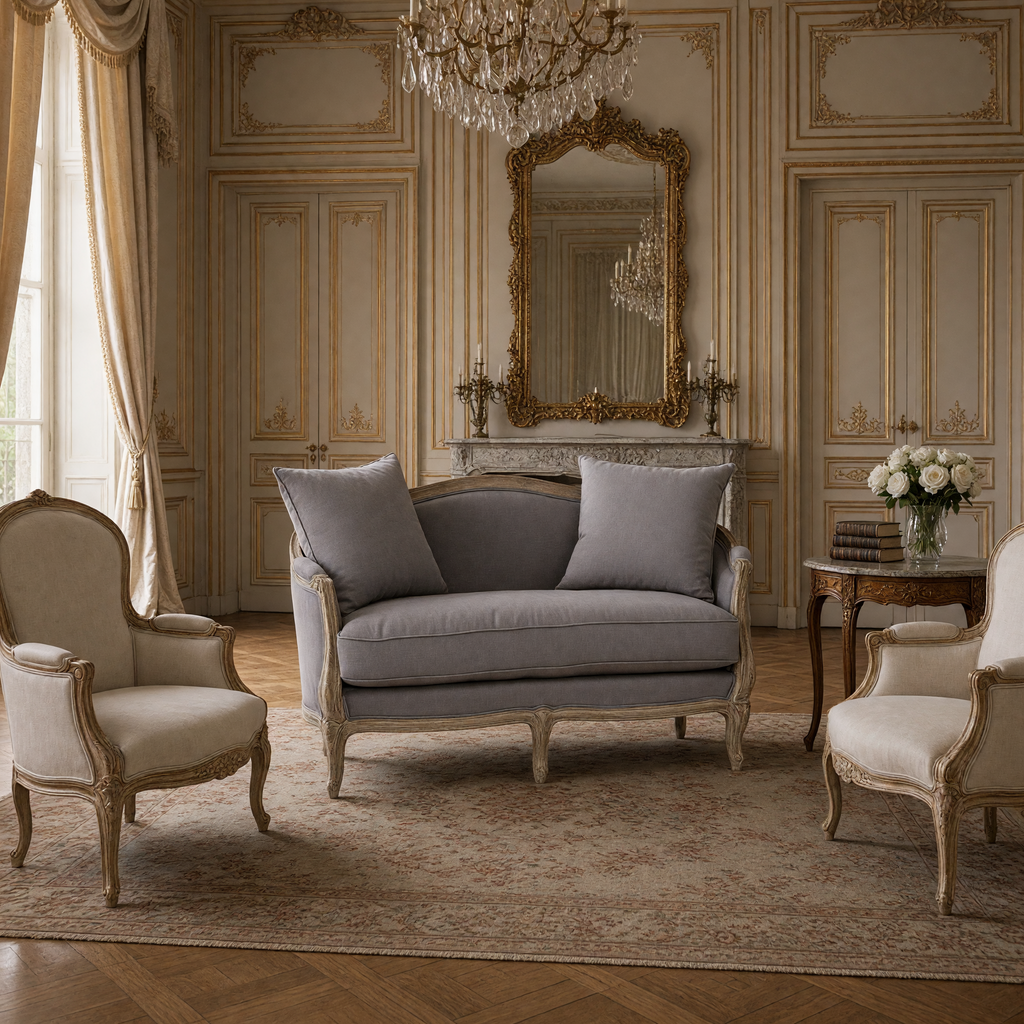 Maison settee in weathered grey linen styled in a French salon with bergere chairs