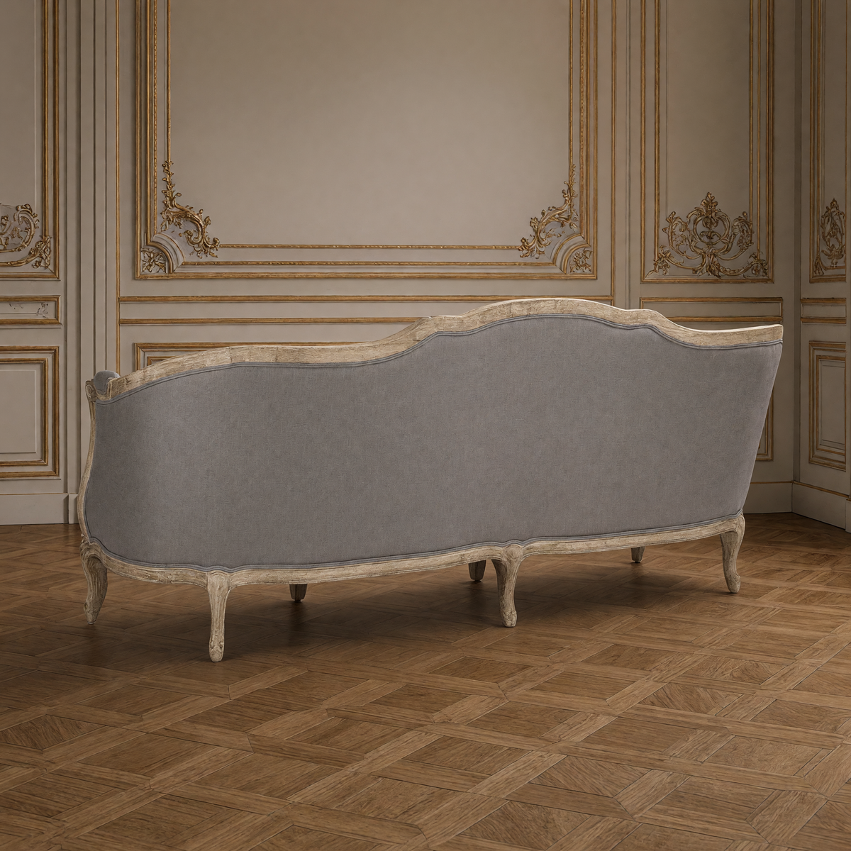 Back view of the Maison sofa in weathered grey linen