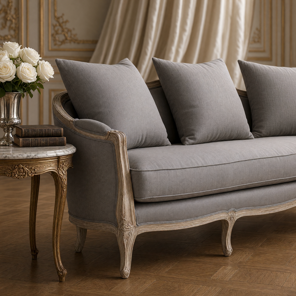 Close view of the grey linen and carved limed oak arm of the Maison sofa