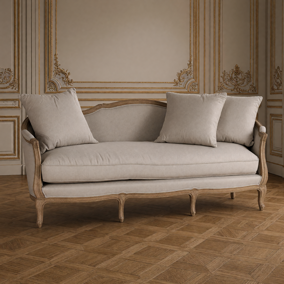 Front view of the Maison sofa in natural linen with three pillows