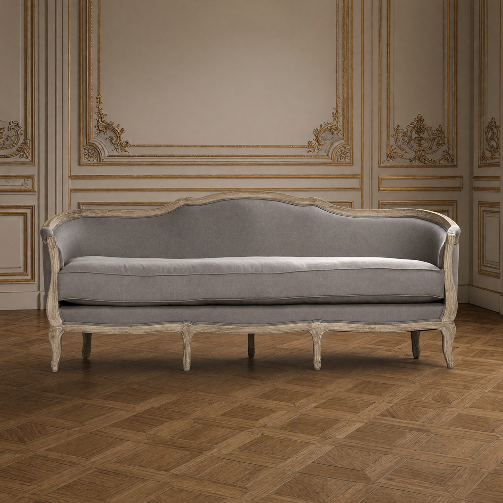 Front view of the Maison sofa in weathered grey linen
