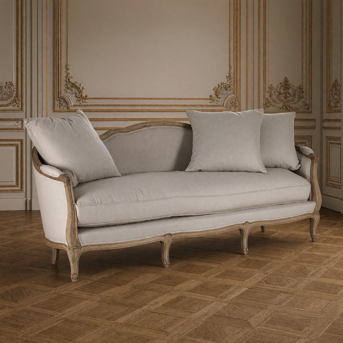 Maison sofa in natural linen on a natural oak frame in a greige and gold salon