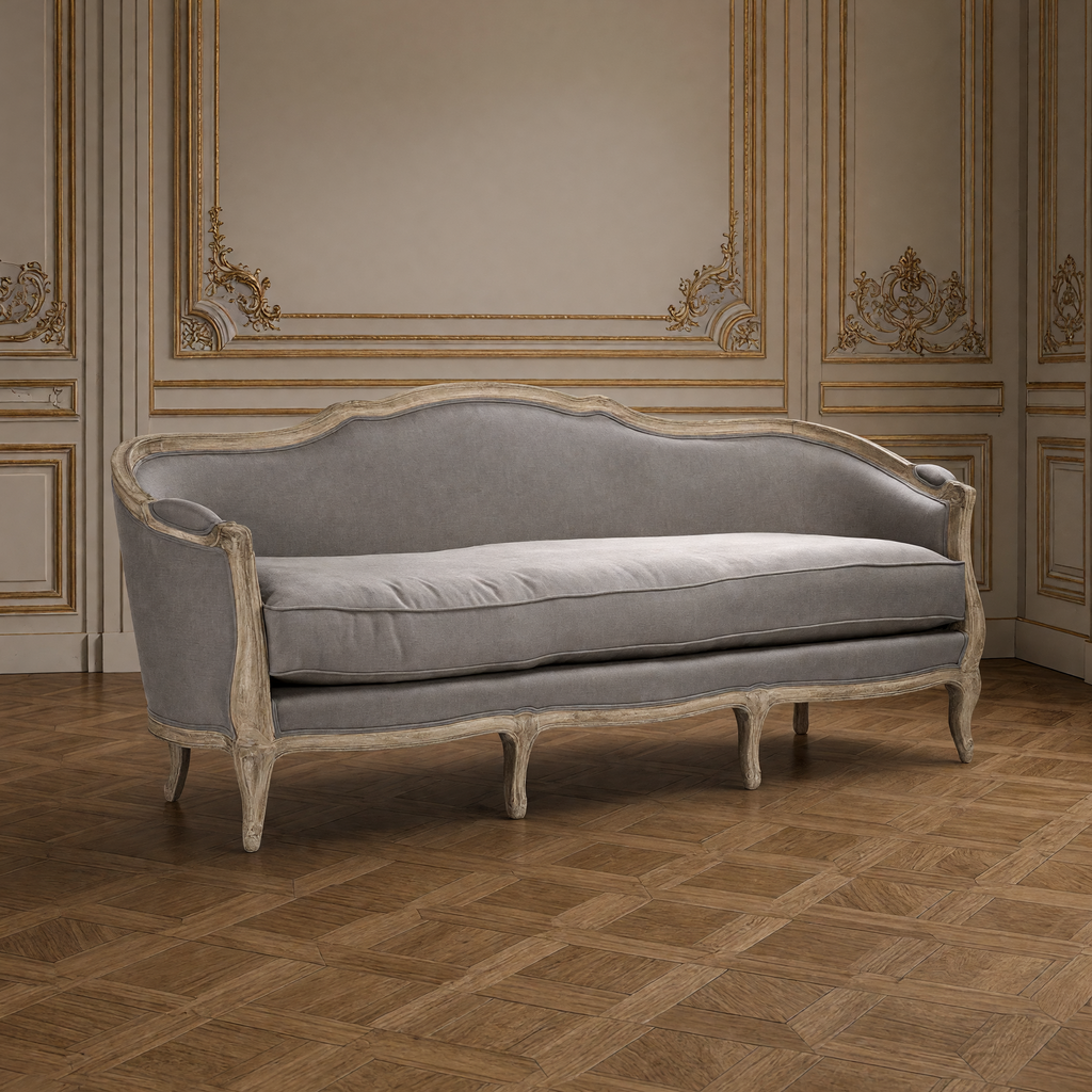 Three-quarter view of the Maison sofa in weathered grey linen
