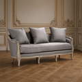 Maison French linen sofa in weathered grey on a limed oak frame in a greige and gold salon