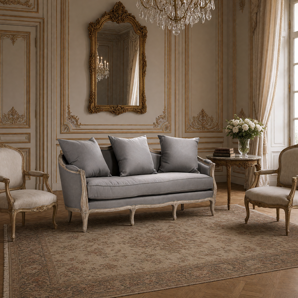 Maison sofa in weathered grey linen styled in a French salon with bergere chairs and a gilded mirror