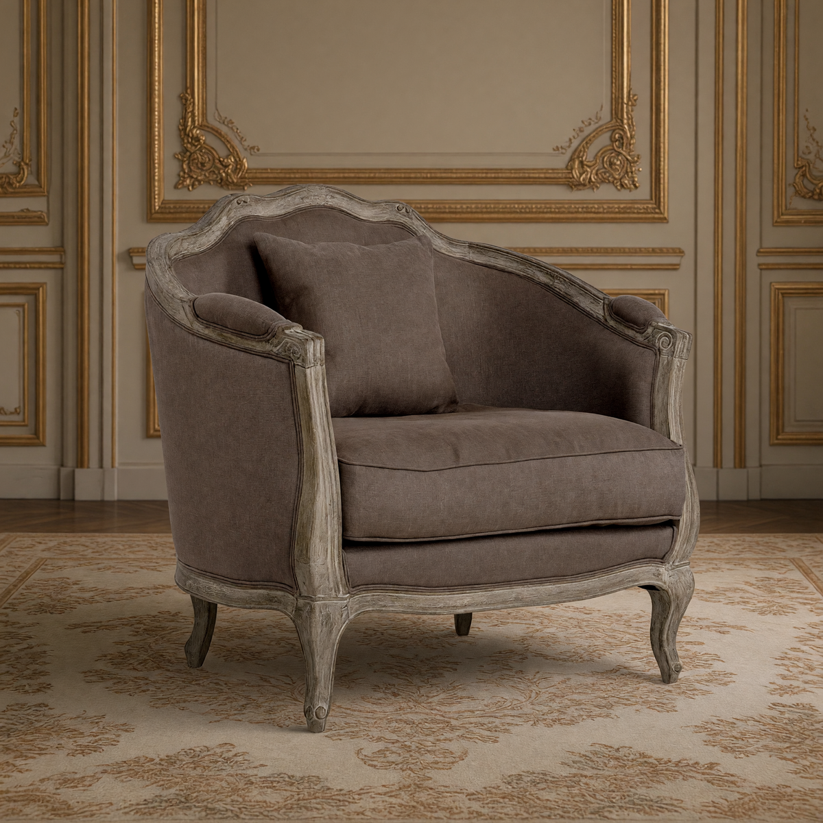 Maison love chair in aubergine linen on a limed grey oak frame in a greige and gold French boiserie salon