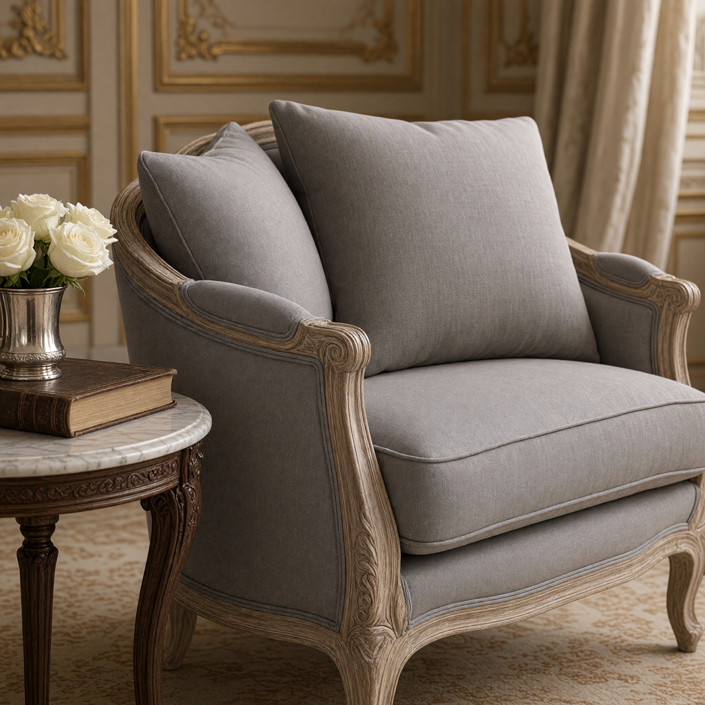 Close view of the carved limed oak arm and grey linen of the Maison love chair